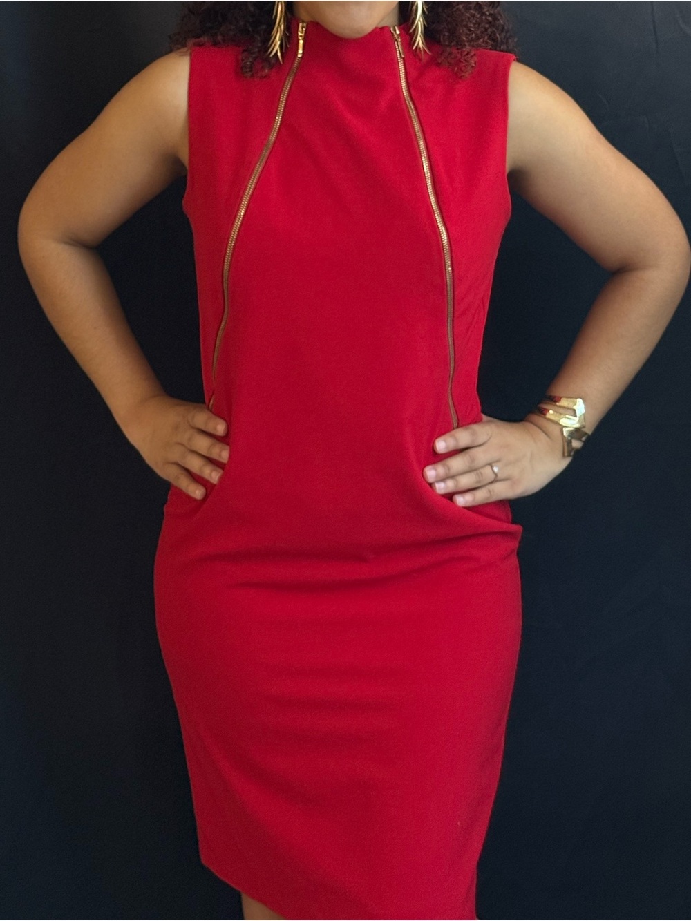 Calvin Klein Red Sleeveless Sheath Dress with Gold Zippers